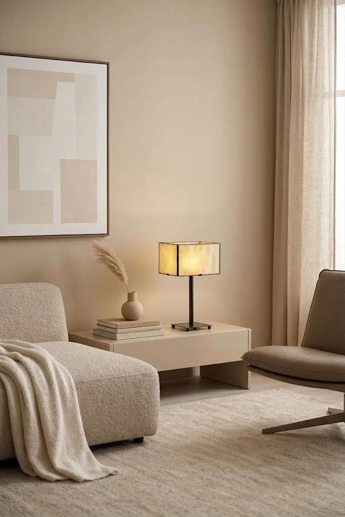 Lámpara de pantalla cuadrada en un salón minimalista